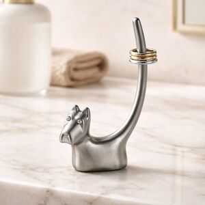 Scotty Dog Silver Metal Jewelry Ring Holder 4 1/2 in Tall x 1 1/2 in Long